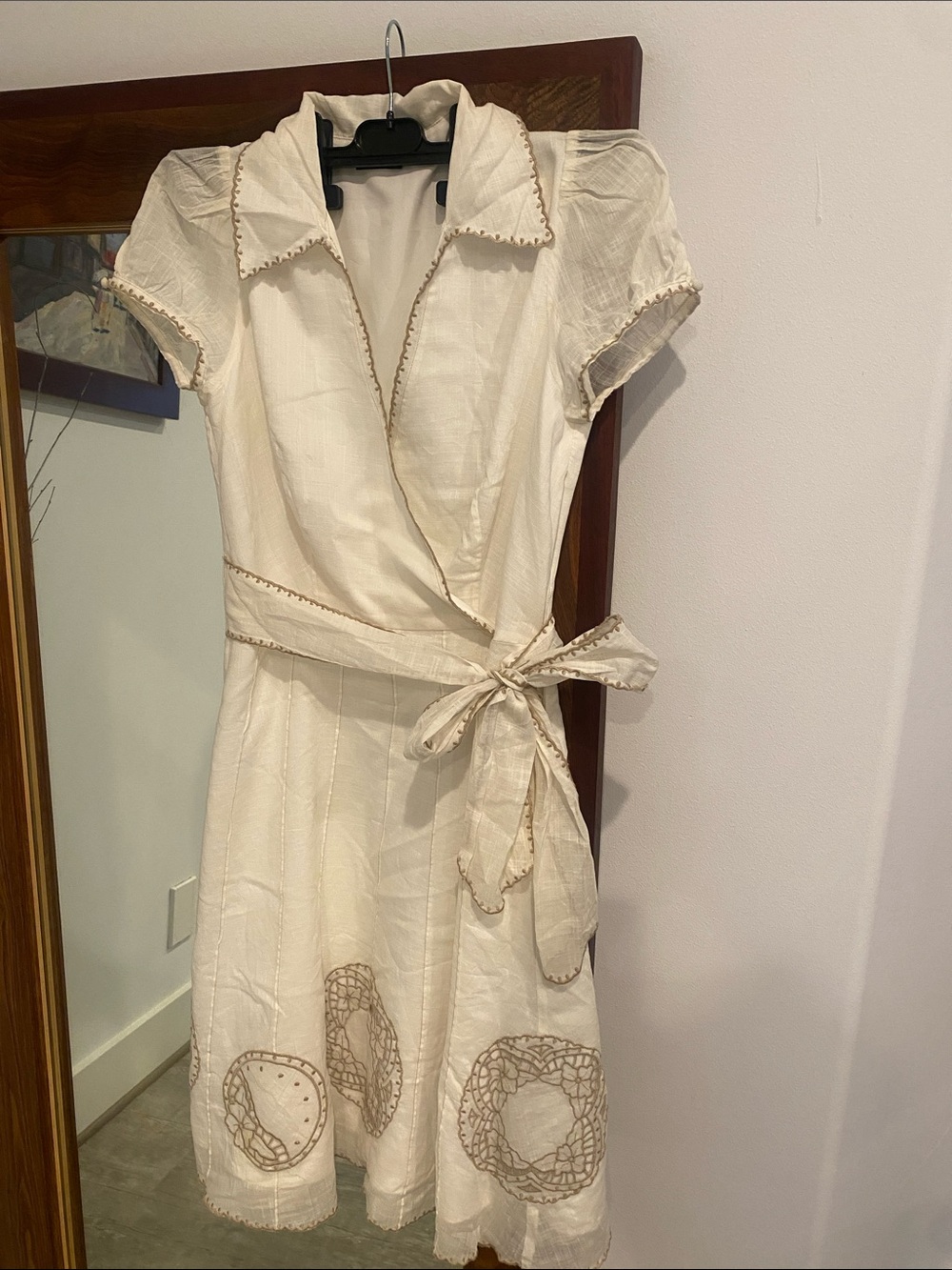 BCBGMaxAzria Cream Wrap Midi Dress with Tan Trim